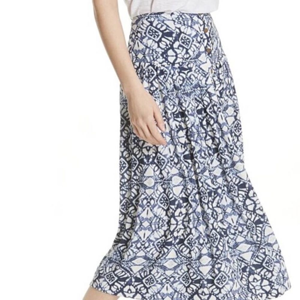- Free People Lovers Dream Midi Skirt Button Front A-Line Womens Blue Wh…